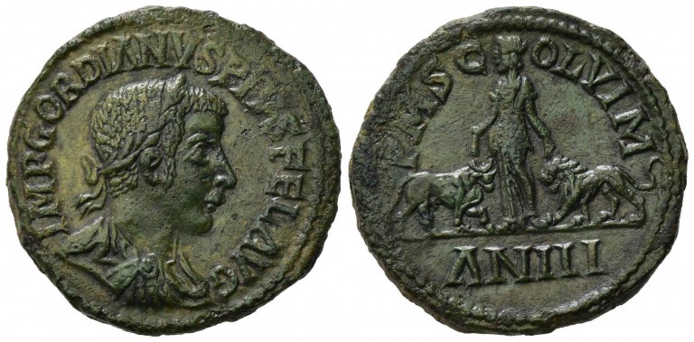 The AE coin minted in Viminacium presents the personification of Moesia Superior standing between lion and bull